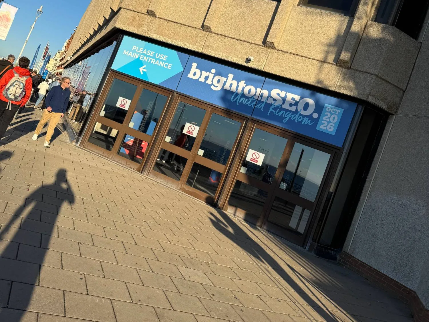 The BrightonSEO United Kingdom October 2026 sign above the venue entrance
