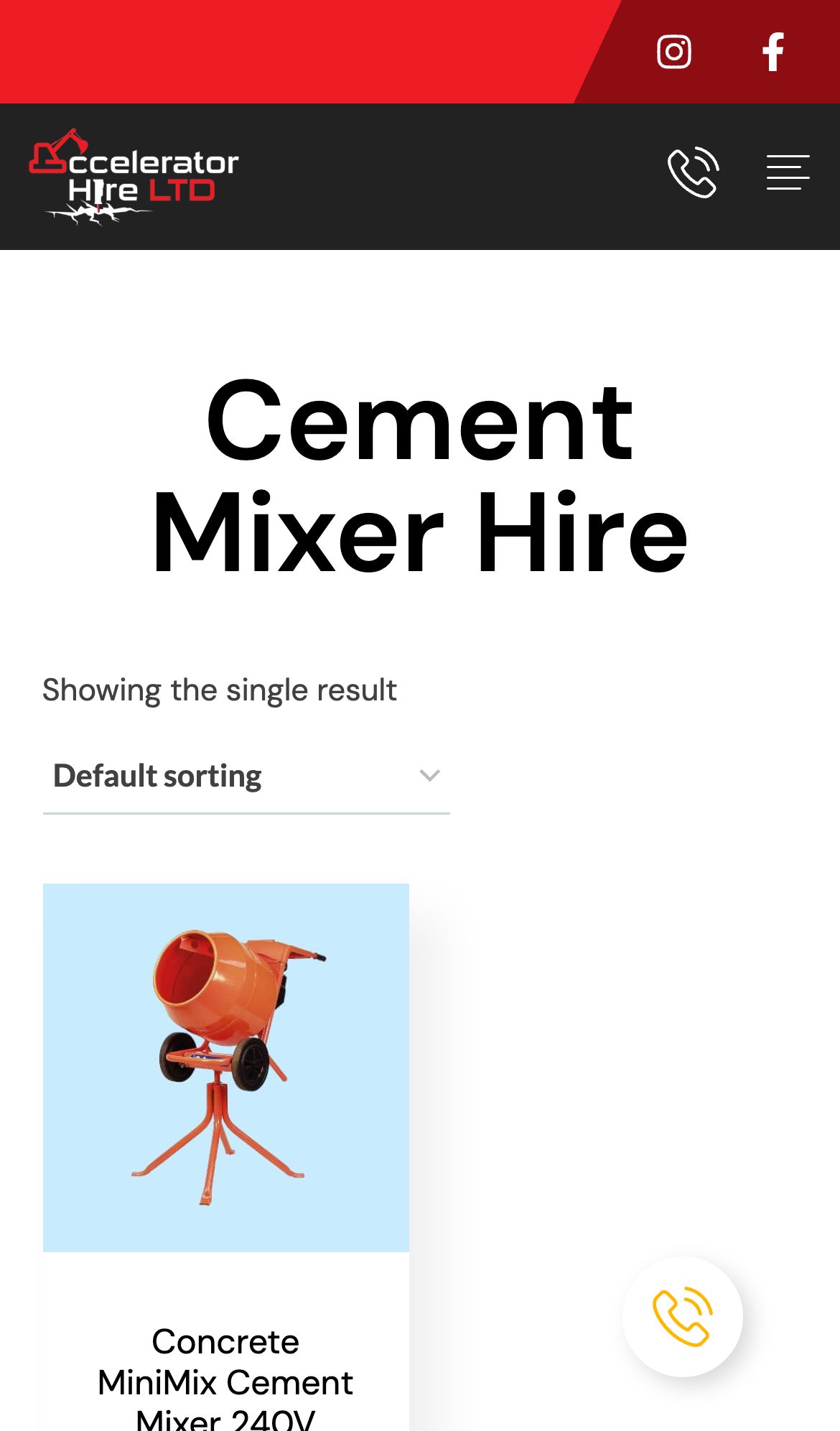 Accelerator Hire website on a phone: Cement mixer hire