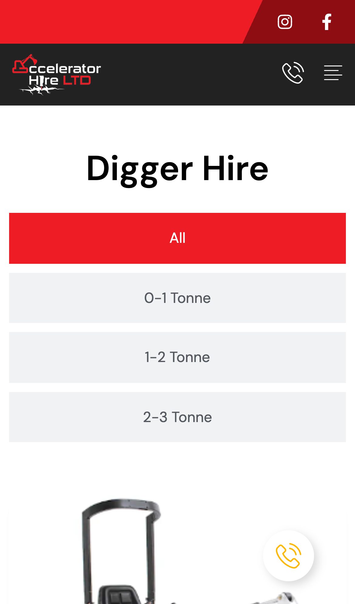 Accelerator Hire website on a phone: Digger excavator hire