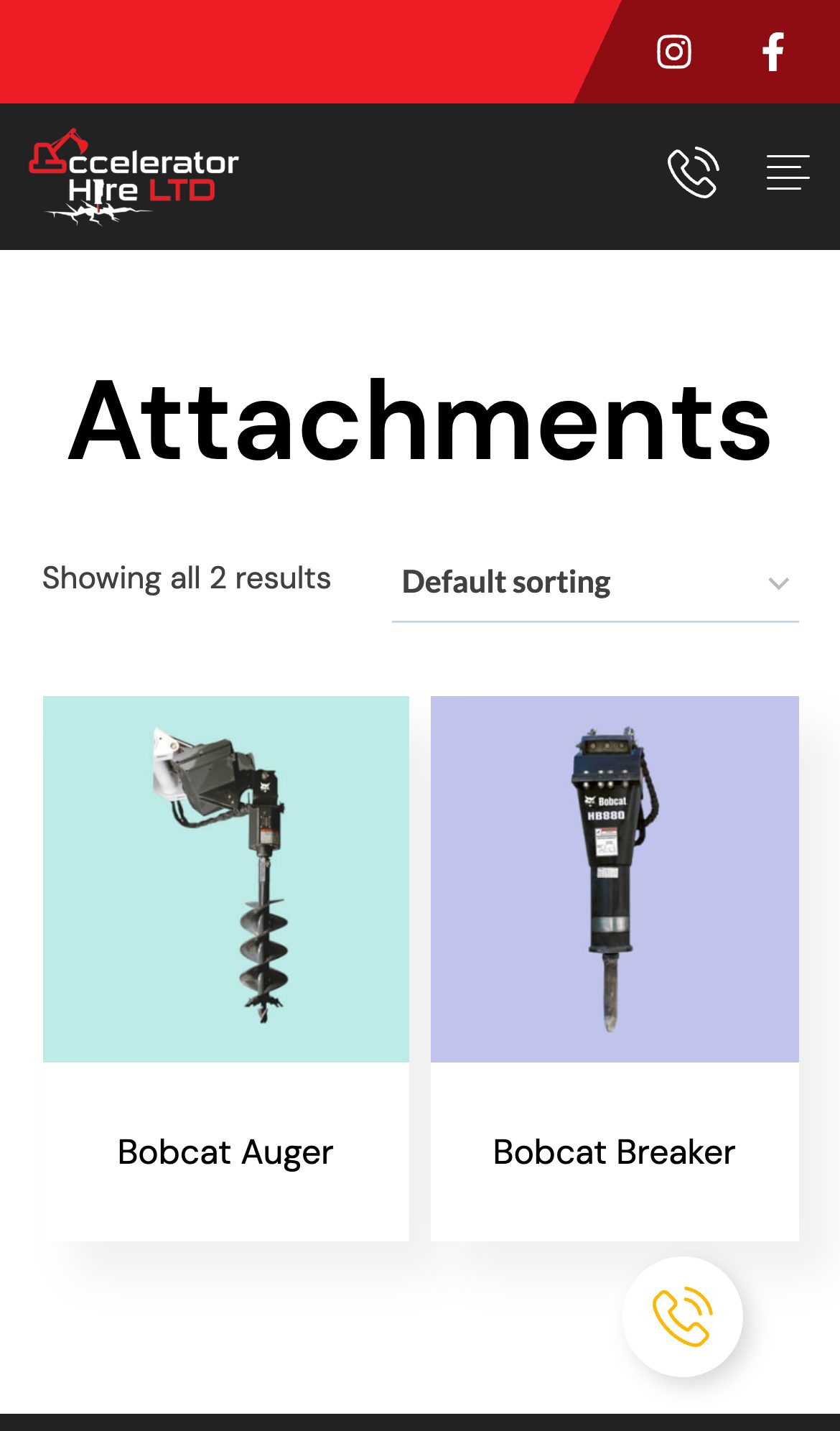 Accelerator Hire website on a phone: Digger Excavator Attachment Hire in Surrey