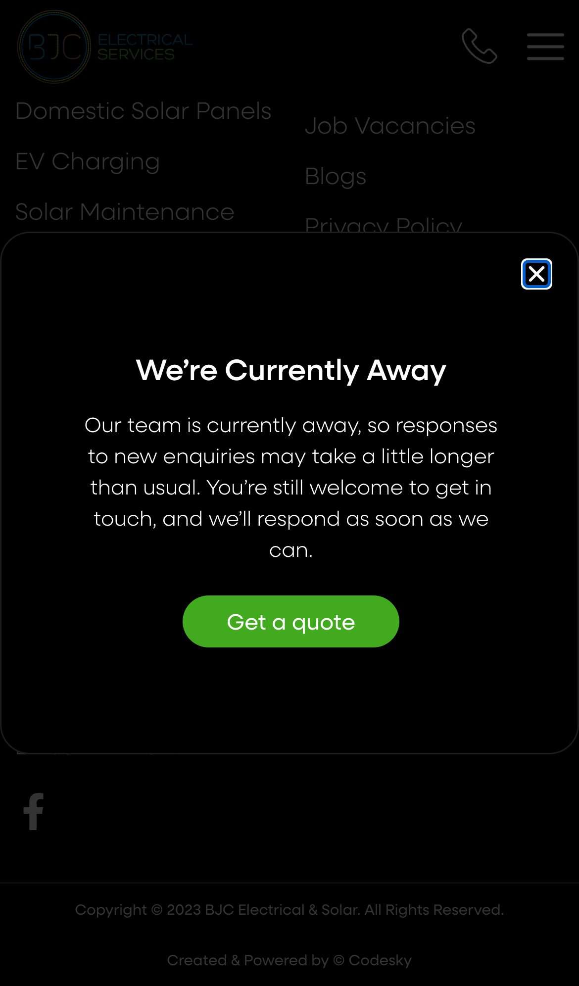 BJC Electrical website on a phone: Solar, Renewables Electrical Experts Peterborough
