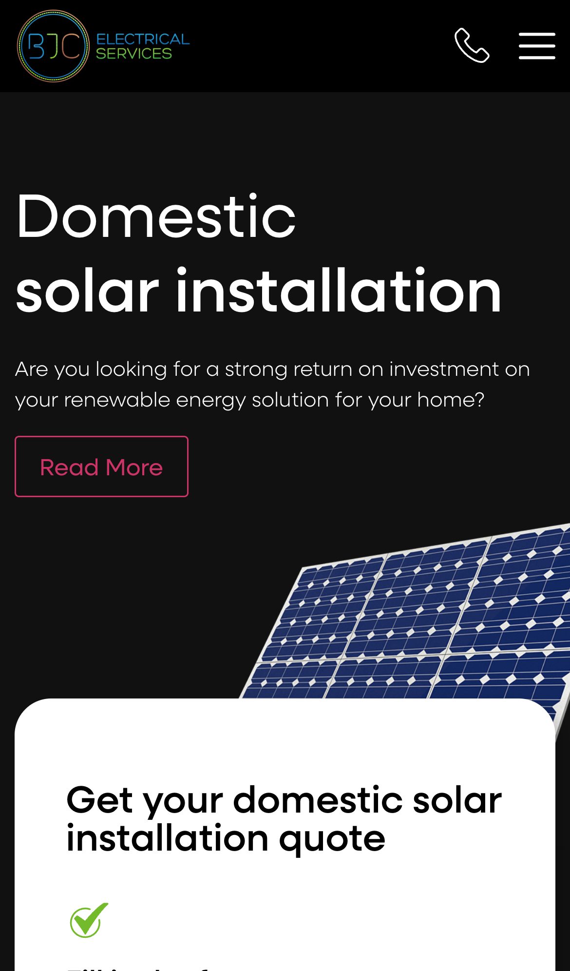 BJC Electrical website on a phone: Domestic Solar Installers Peterborough