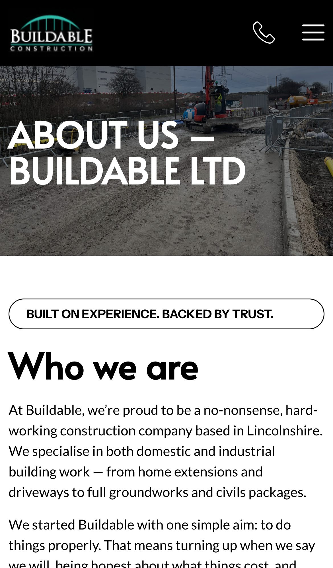 Buildable website on a phone: Grantham Builders | About Buildable Ltd