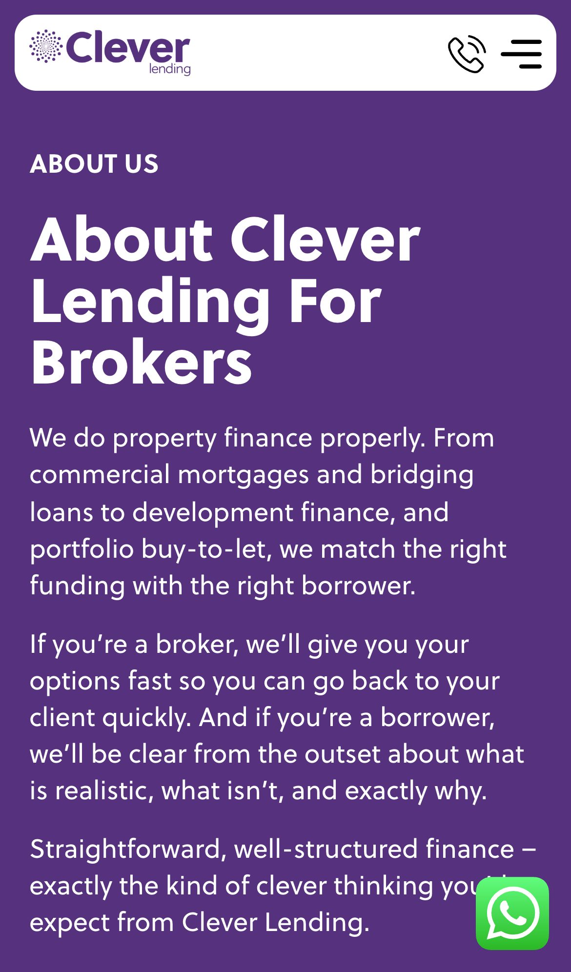 Clever Lending website on a phone: About Clever Lending