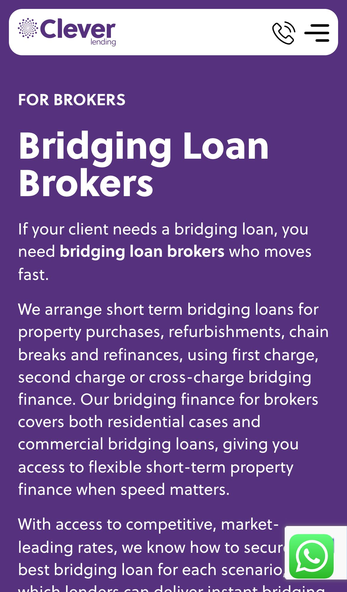 Clever Lending website on a phone: Bridging Loan Brokers: Funding in Days