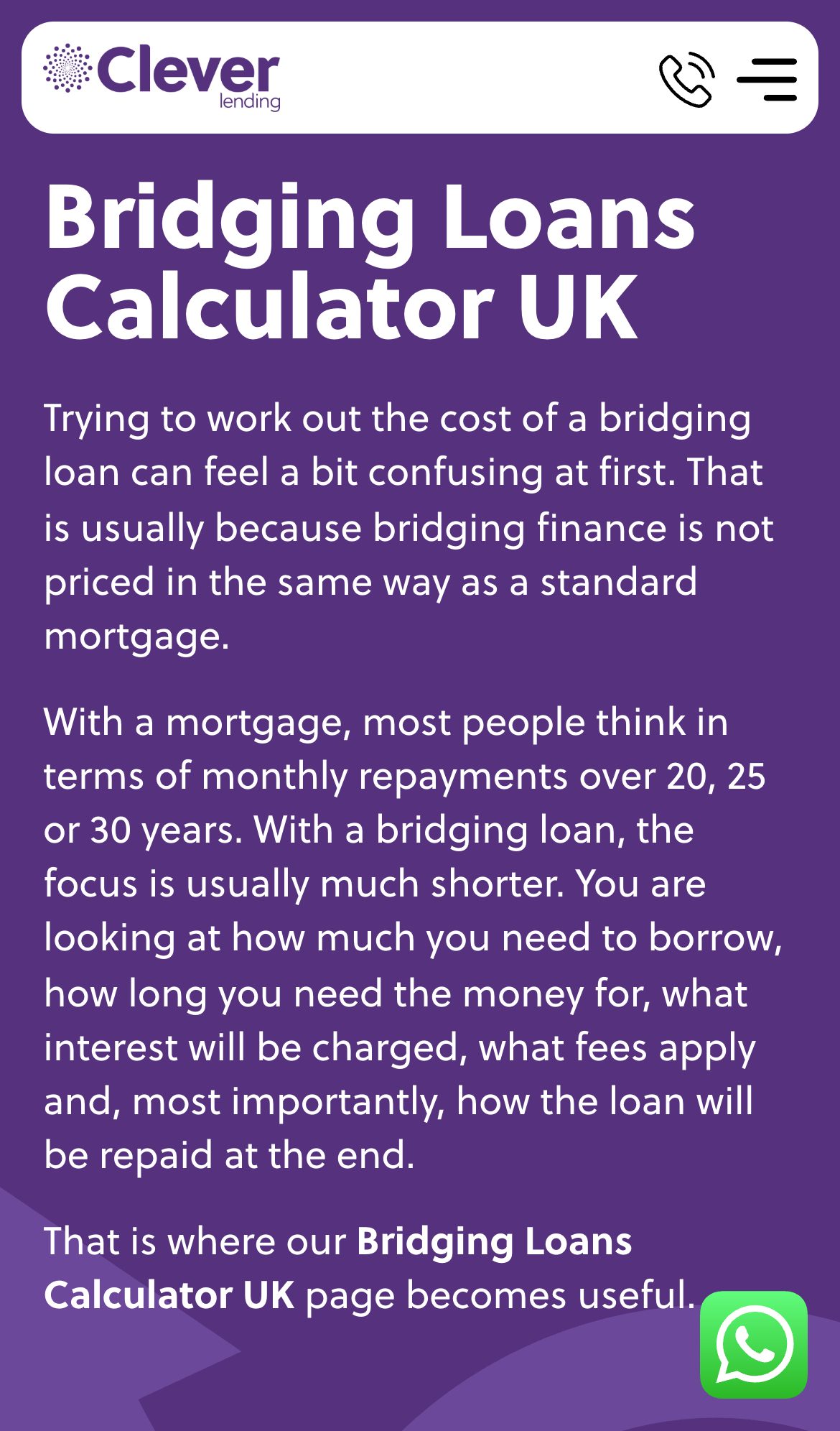 Clever Lending website on a phone: Bridging Loan Calculator UK | Estimate Costs