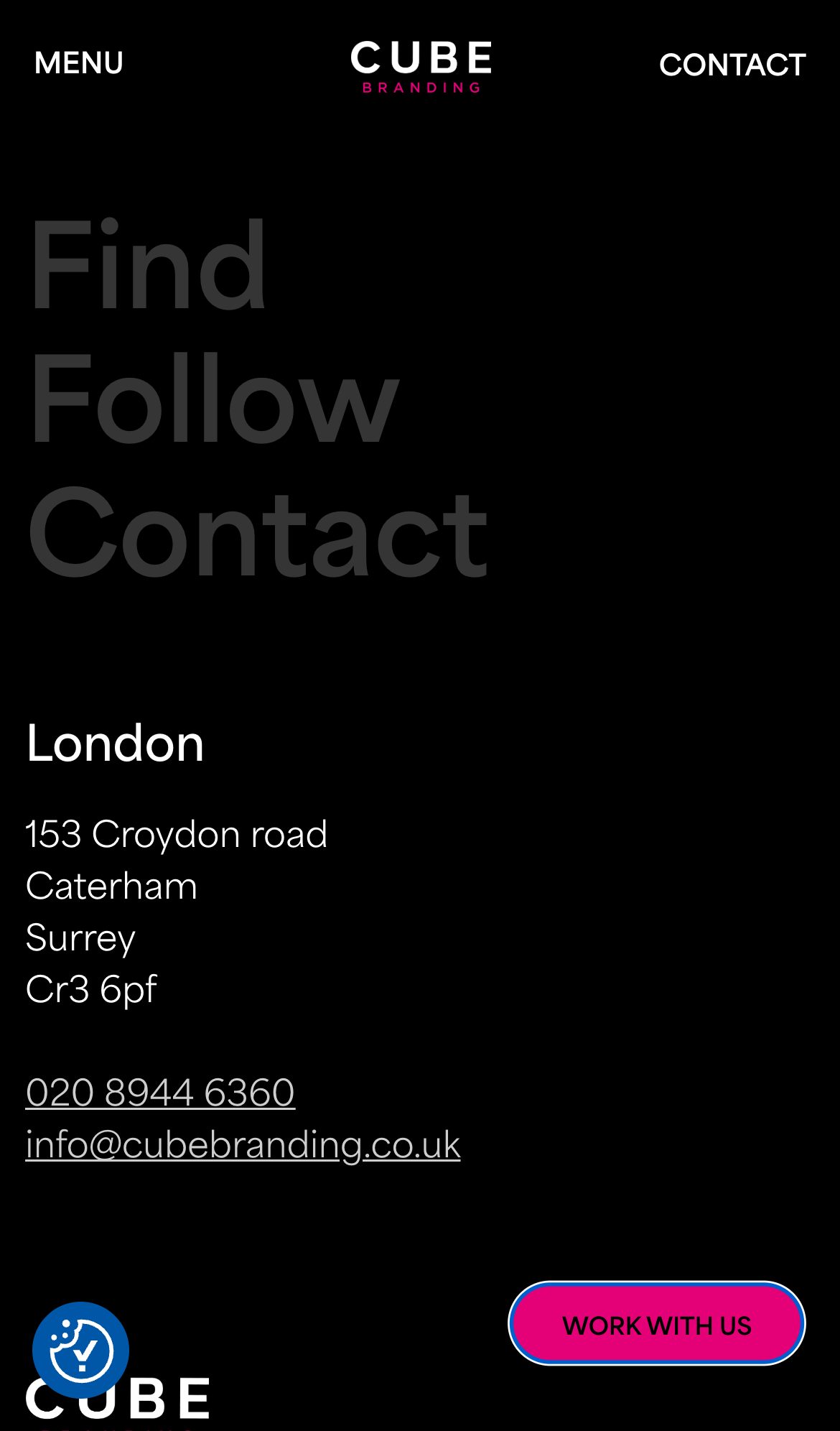 Cube Branding website on a phone: Contact Us