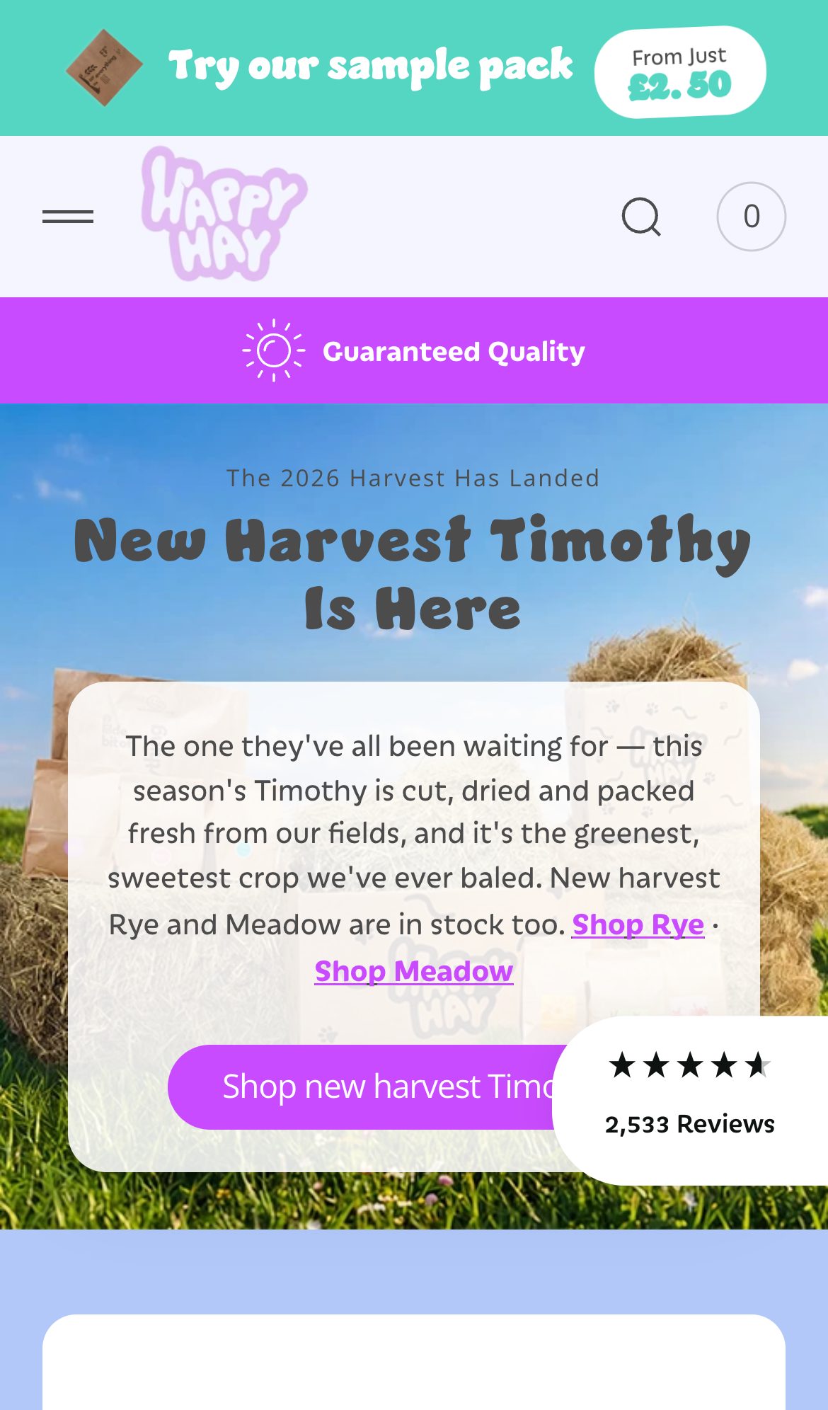 Happy Hay website on a phone: High Quality Hay Boxes for Rabbits & Guinea Pigs