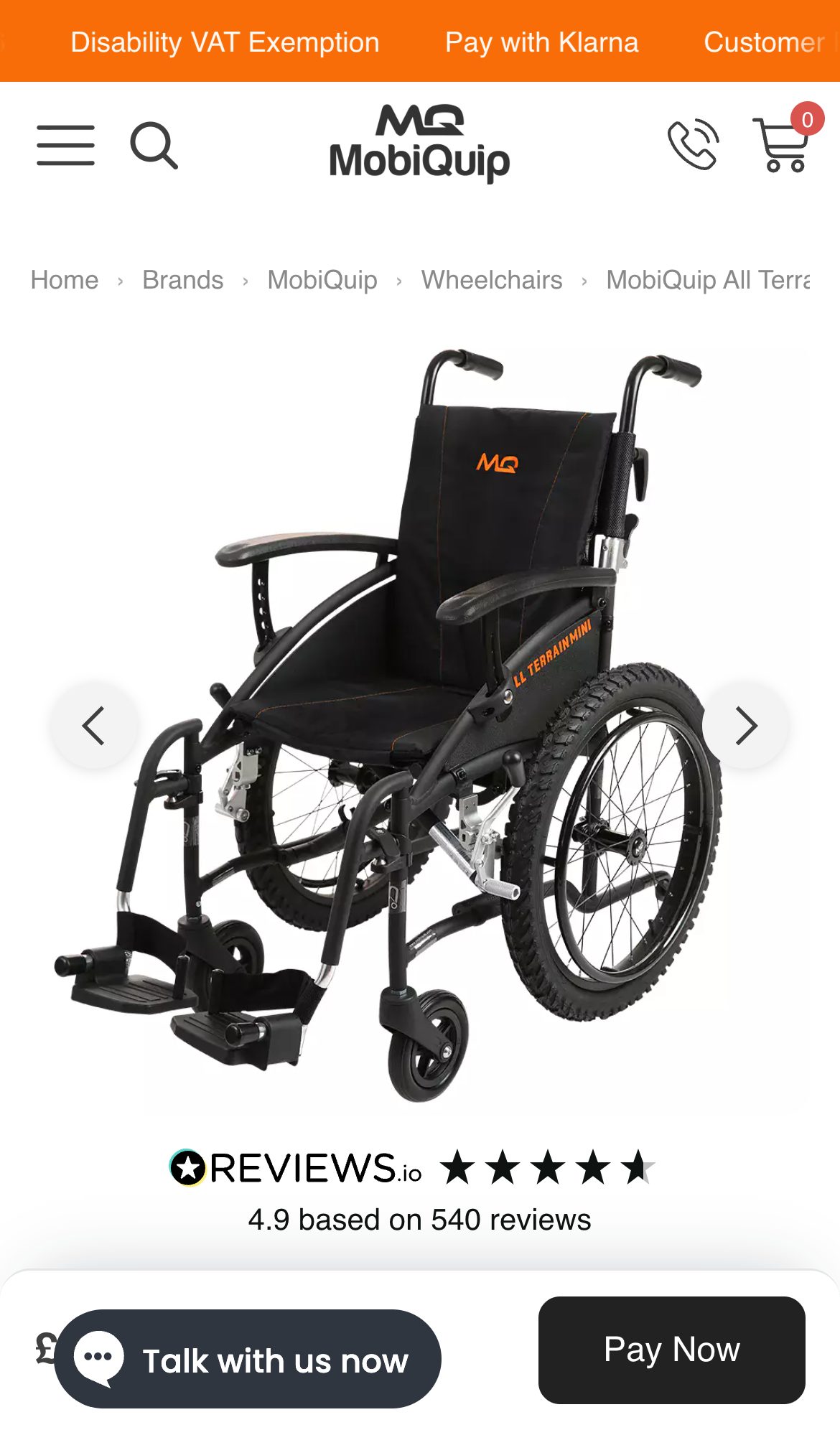 Mobiquip website on a phone: MobiQuip All Terrain Mini Children's Wheelchair