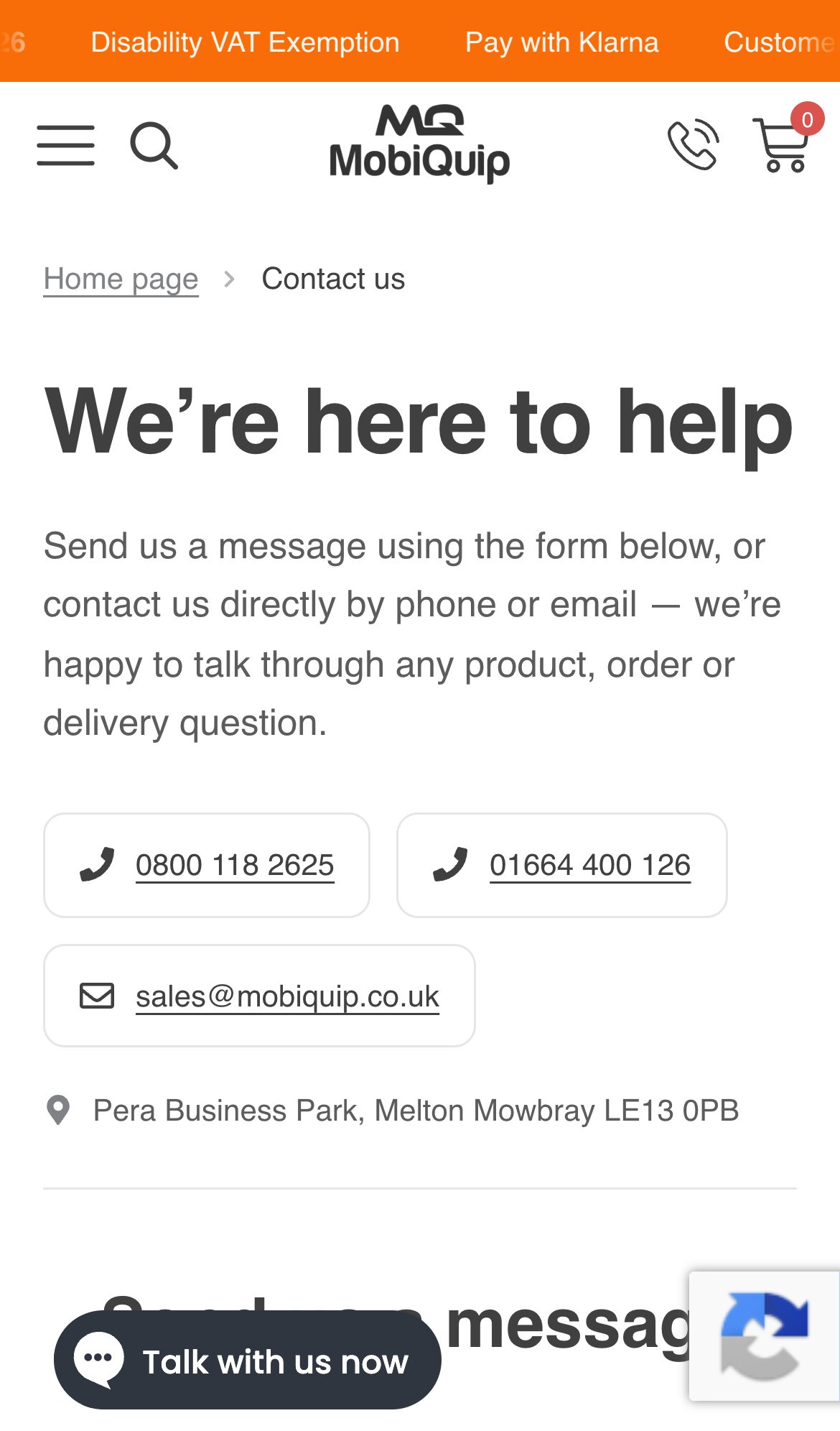 Mobiquip website on a phone: Contact Us