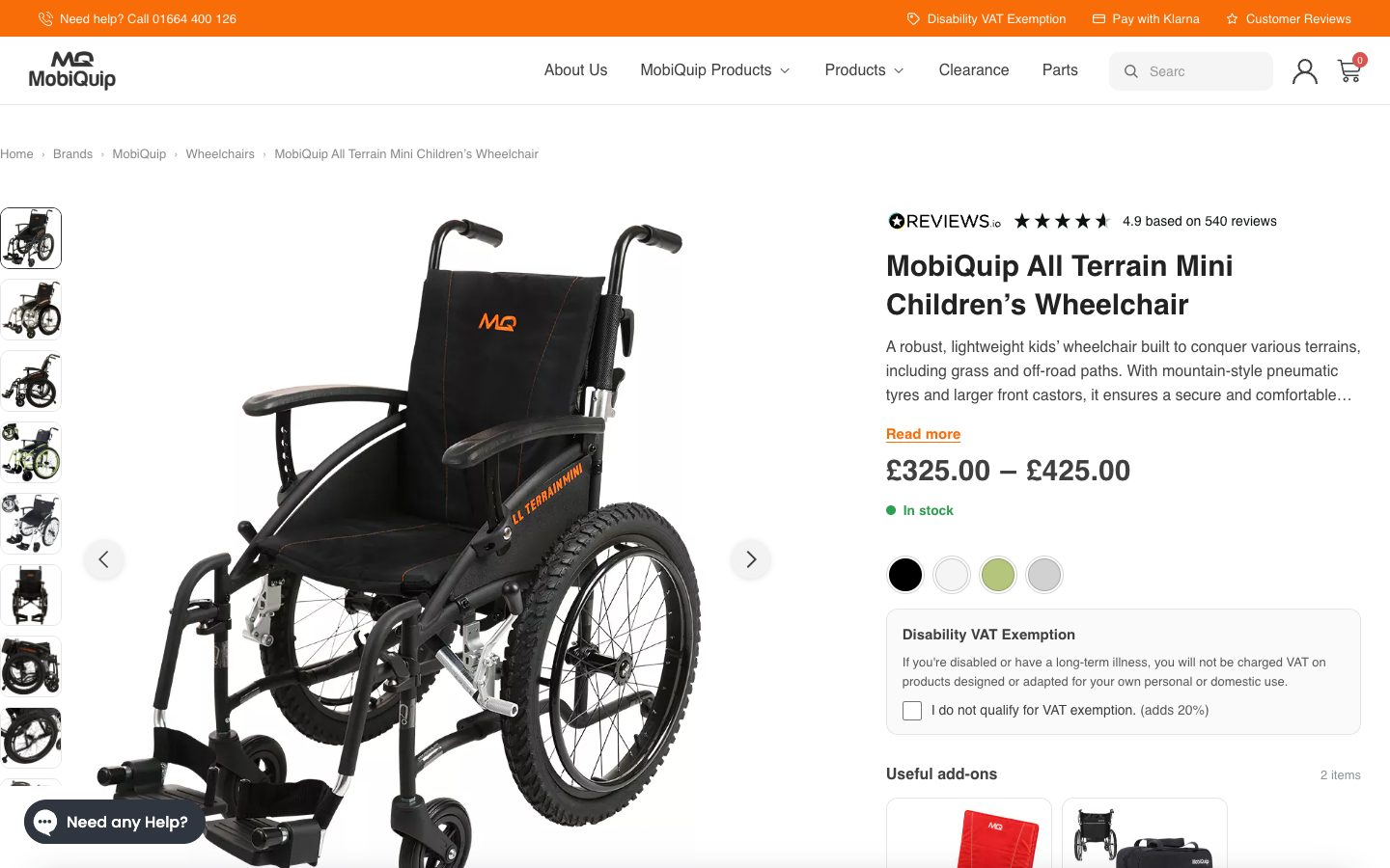 Mobiquip website: MobiQuip All Terrain Mini Children's Wheelchair