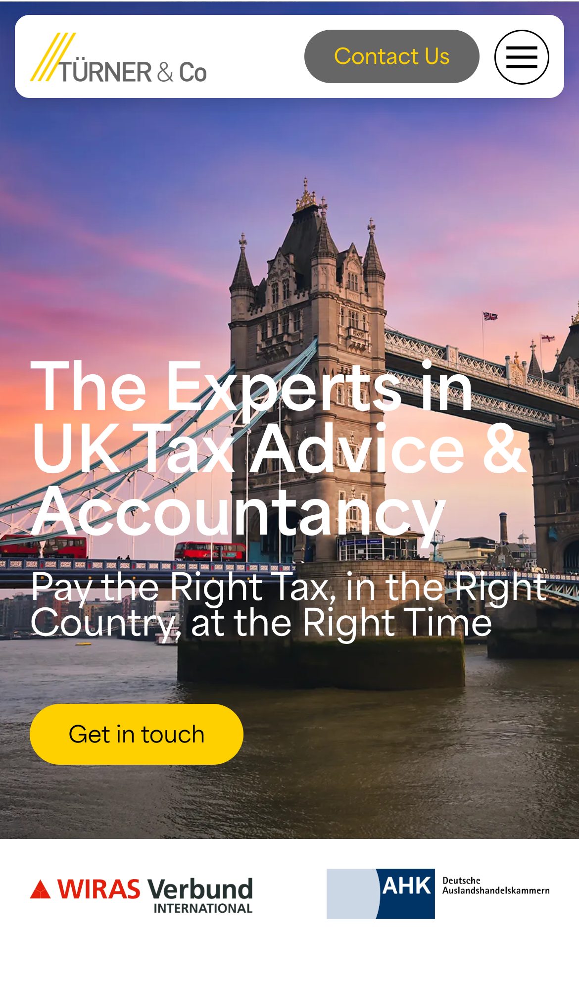 Tuerner & Co website on a phone: UK Tax & Accounting for Overseas Businesses