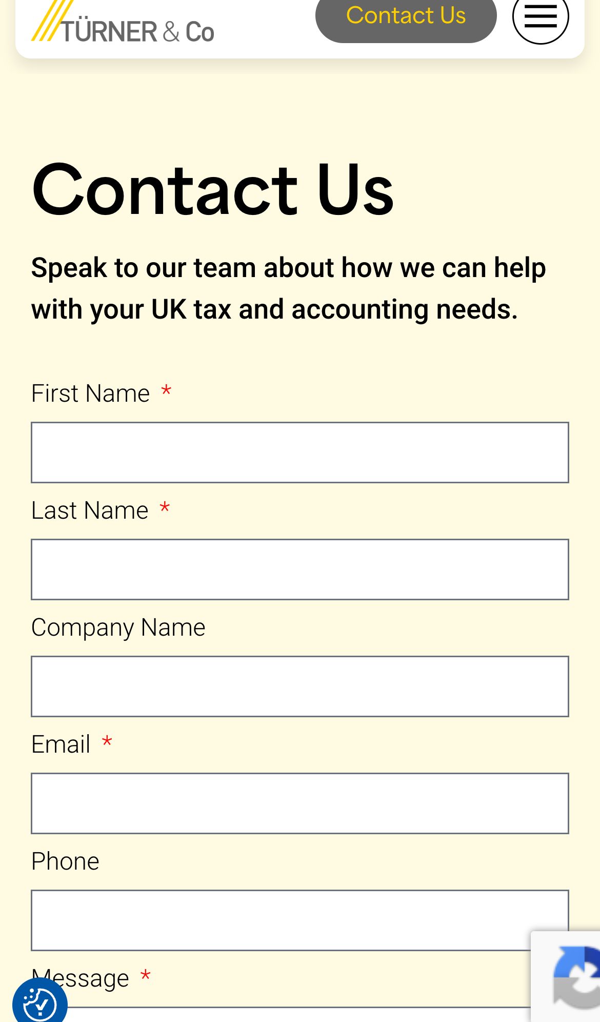 Tuerner & Co website on a phone: Contact Us