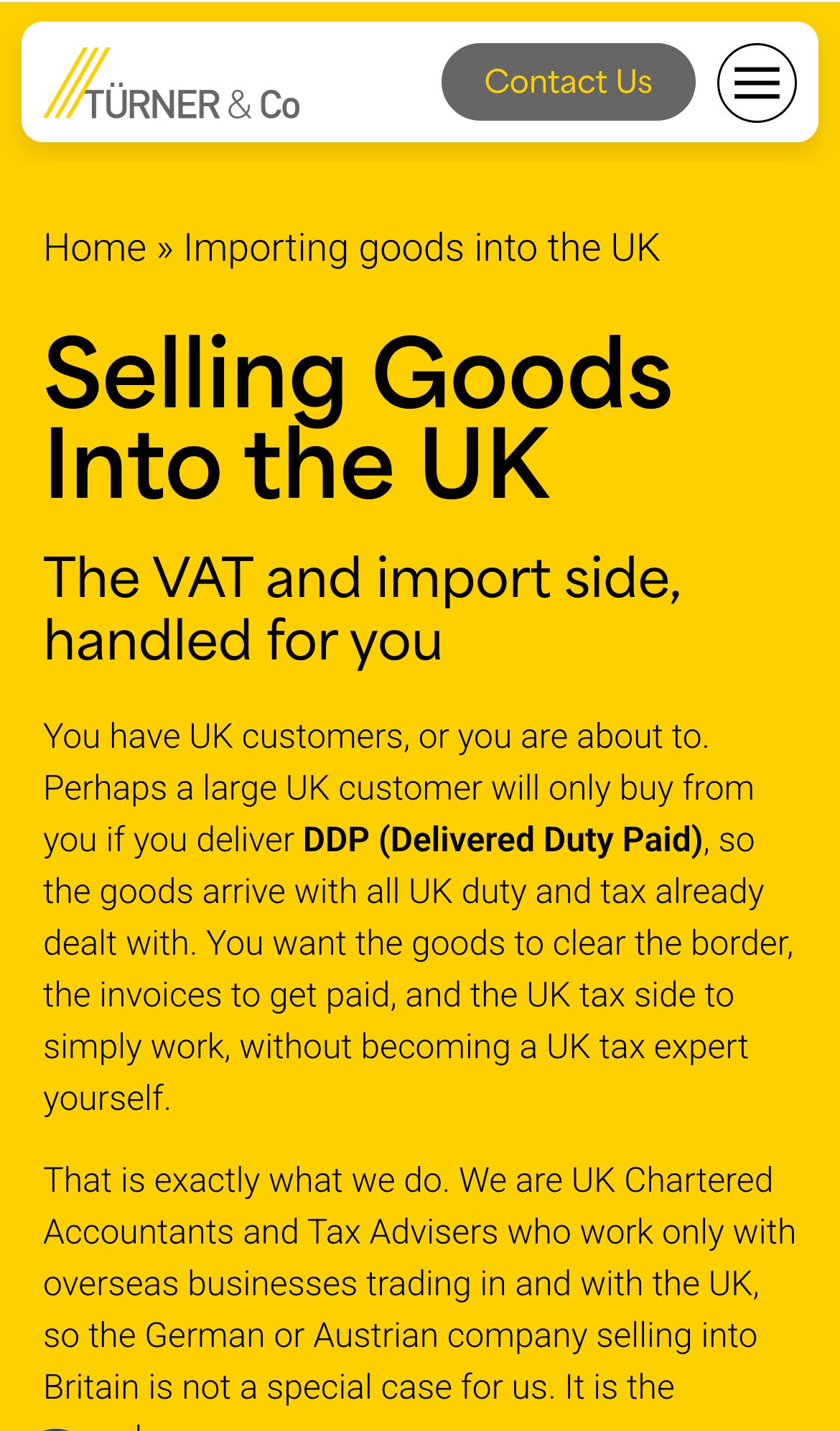 Tuerner & Co website on a phone: Selling Goods into the UK: VAT & Import Help